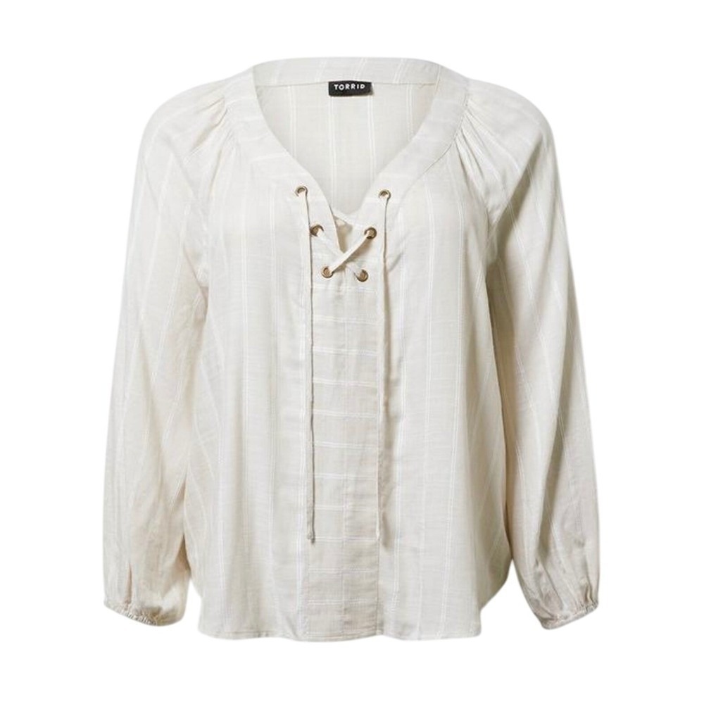 Torrid Lace Up V Neck Long Sleeve Blouse Ivory Stripe Size 0X L 12 Flowy NWT - Picture 2 of 9